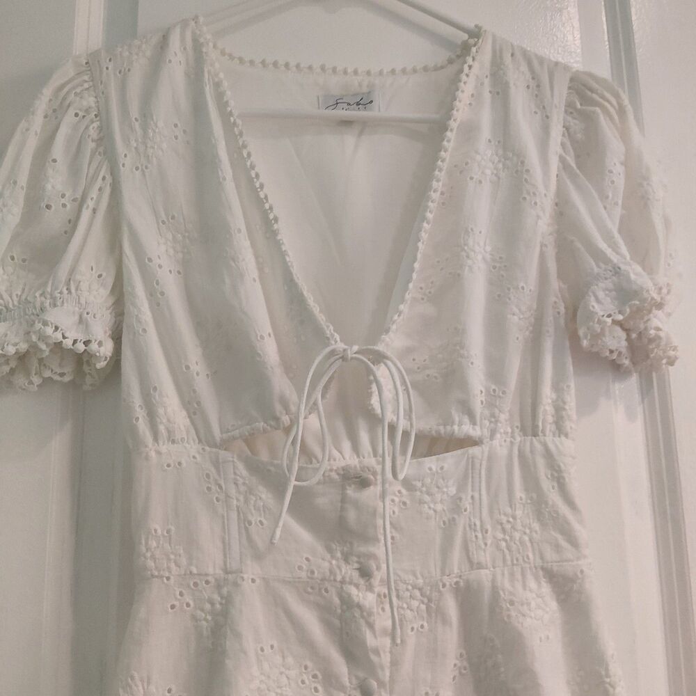 Sabo Skirt White Cotton Eyelet Broderie Mini Dress Cutout Tie Front Puff Sleeve - Picture 8 of 16